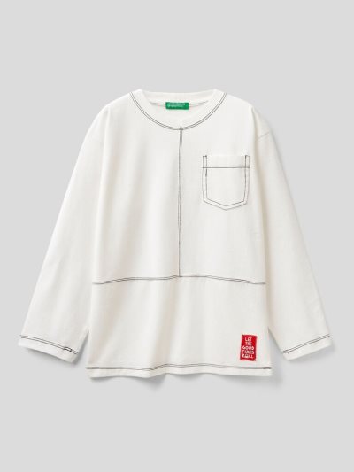 Kids' Benetton 100% Cotton Breast Pocket Long Sleeve T-shirts Creamy White | NZ688422