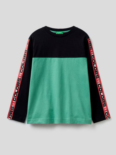 Kids' Benetton 100% Cotton Color Block Long Sleeve T-shirts Black | NZ182696