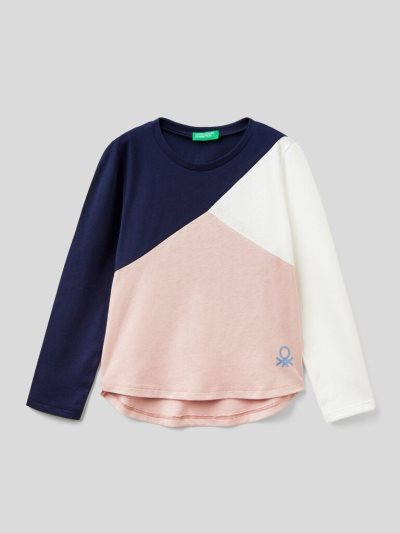 Kids' Benetton 100% Cotton Color Block Long Sleeve T-shirts Dark Blue | NZ387574