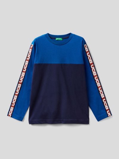 Kids' Benetton 100% Cotton Color Block Long Sleeve T-shirts Bright Blue | NZ468371