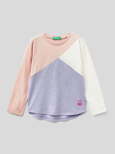 Kids' Benetton 100% Cotton Color Block Long Sleeve T-shirts Soft Pink | NZ491487