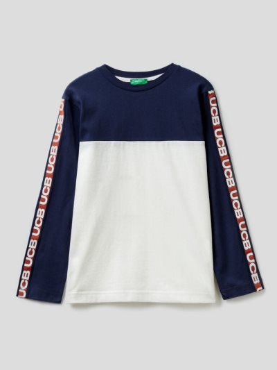 Kids' Benetton 100% Cotton Color Block Long Sleeve T-shirts Dark Blue | NZ629888