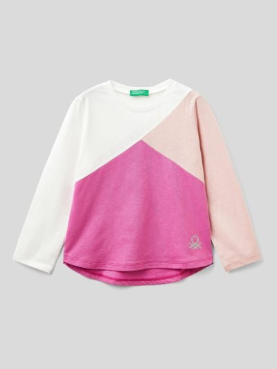Kids' Benetton 100% Cotton Color Block Long Sleeve T-shirts Creamy White | NZ633511