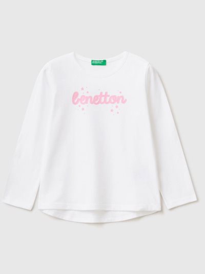 Kids' Benetton 100% Cotton Logo Long Sleeve T-shirts White | NZ024710