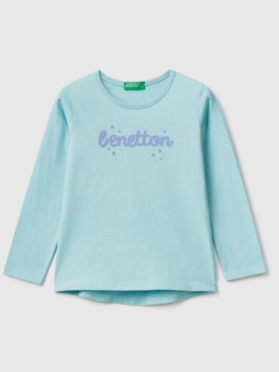 Kids' Benetton 100% Cotton Logo Long Sleeve T-shirts Aqua | NZ487171