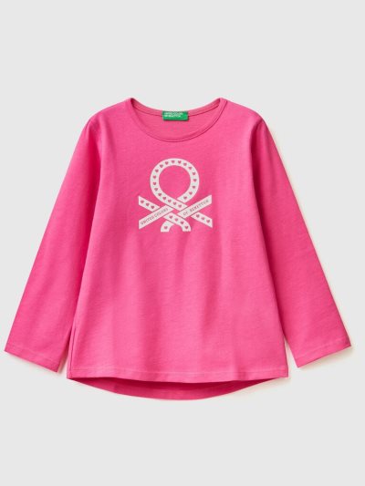 Kids' Benetton 100% Cotton Logo Long Sleeve T-shirts Fuchsia | NZ981874