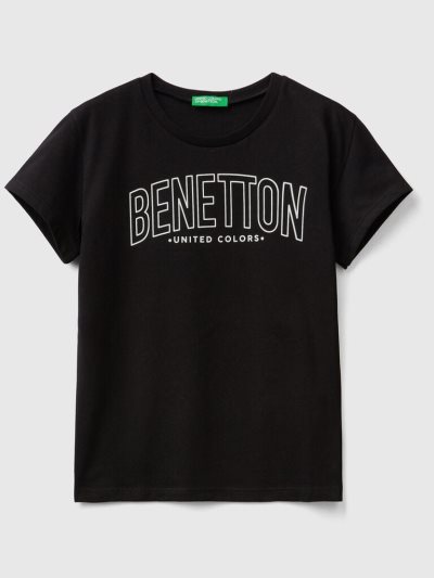 Kids' Benetton 100% Cotton Logo Short Sleeve T-shirts Black | NZ131514