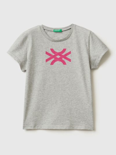 Kids' Benetton 100% Cotton Logo Short Sleeve T-shirts Light Grey | NZ164310