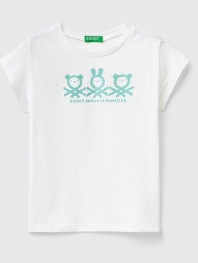 Kids' Benetton 100% Cotton Logo Short Sleeve T-shirts White | NZ165633