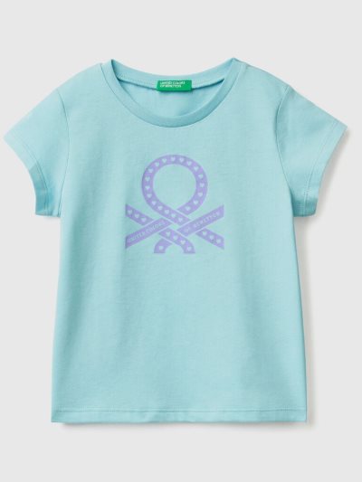 Kids' Benetton 100% Cotton Logo Short Sleeve T-shirts Aqua | NZ694863