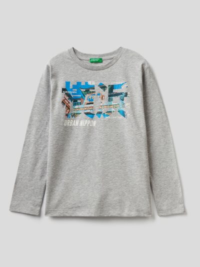 Kids' Benetton 100% Cotton Print Long Sleeve T-shirts Grey | NZ050261