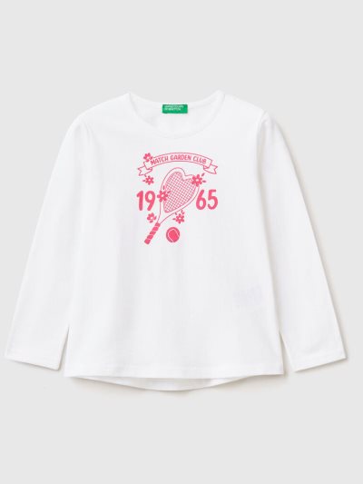 Kids' Benetton 100% Cotton Print Long Sleeve T-shirts White | NZ681763