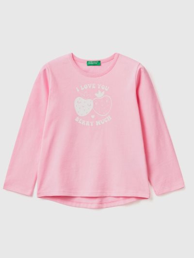 Kids' Benetton 100% Cotton Print Long Sleeve T-shirts Pink | NZ789990