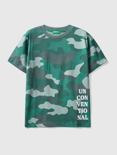 Kids' Benetton 100% Cotton Print Short Sleeve T-shirts Green | NZ530041