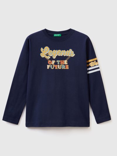 Kids' Benetton 100% Cotton Retro Print Long Sleeve T-shirts Dark Blue | NZ885504