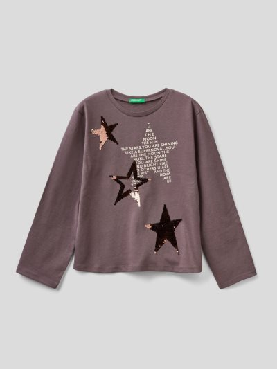 Kids' Benetton 100% Cotton Sequins Long Sleeve T-shirts Dark Grey | NZ354581