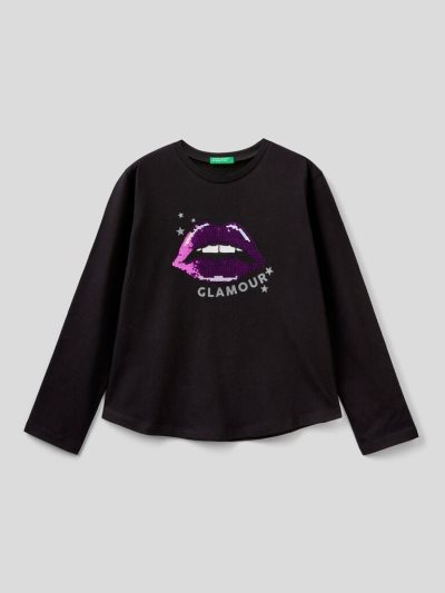 Kids' Benetton 100% Cotton Sequins Long Sleeve T-shirts Black | NZ628458