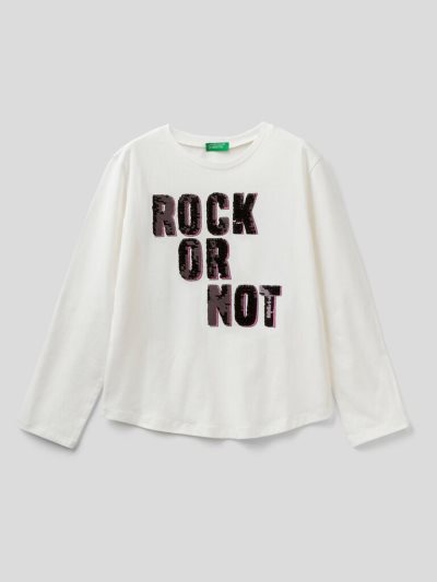 Kids' Benetton 100% Cotton Sequins Long Sleeve T-shirts Creamy White | NZ792688