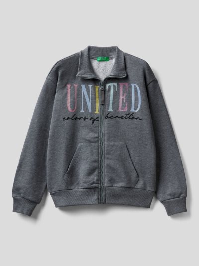 Kids' Benetton 100% Cotton Zip Sweatshirt Dark Grey | NZ590484