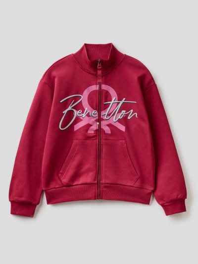 Kids' Benetton 100% Cotton Zip Sweatshirt Burgundy | NZ597207