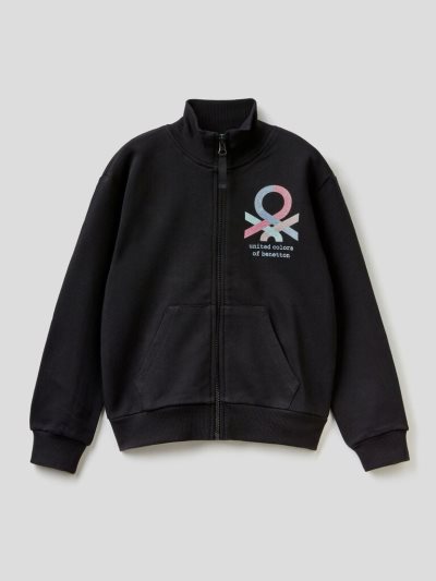 Kids' Benetton 100% Cotton Zip Sweatshirt Black | NZ610224