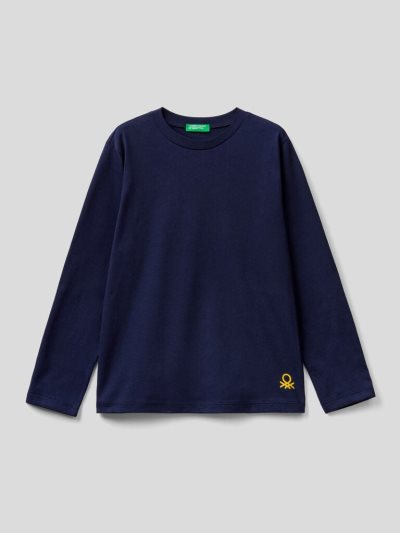 Kids' Benetton 100% Organic Cotton Crew Neck Long Sleeve T-shirts Dark Blue | NZ504442