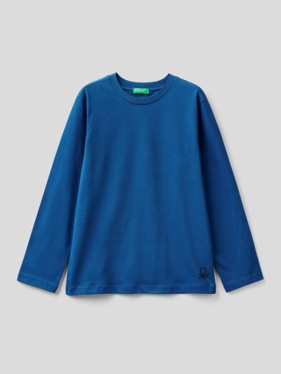 Kids' Benetton 100% Organic Cotton Crew Neck Long Sleeve T-shirts Bright Blue | NZ532804