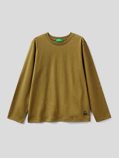 Kids' Benetton 100% Organic Cotton Crew Neck Long Sleeve T-shirts Military Green | NZ679856