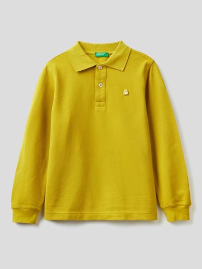 Kids' Benetton 100% Organic Cotton Long Sleeve Polo Shirts Mustard | NZ592919
