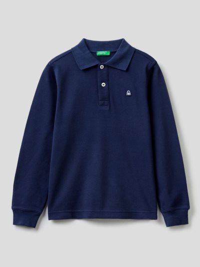 Kids' Benetton 100% Organic Cotton Long Sleeve Polo Shirts Dark Blue | NZ629772