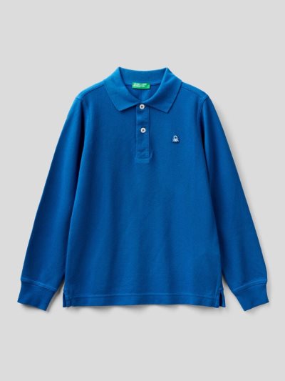 Kids' Benetton 100% Organic Cotton Long Sleeve Polo Shirts Bright Blue | NZ889877