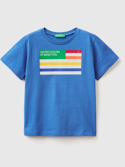 Kids' Benetton 100% Organic Cotton Print Short Sleeve T-shirts Bright Blue | NZ770175