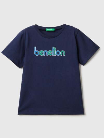 Kids' Benetton 100% Organic Cotton Print Short Sleeve T-shirts Dark Blue | NZ951419