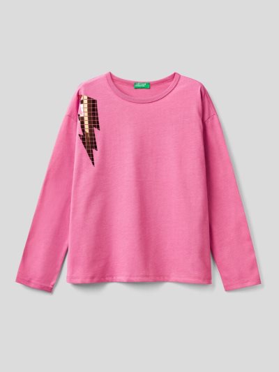 Kids' Benetton Boxy Fit Applique Long Sleeve T-shirts Cyclamen | NZ070147