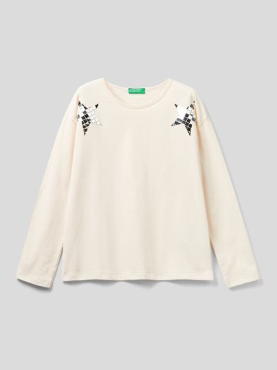 Kids' Benetton Boxy Fit Applique Long Sleeve T-shirts Creamy White | NZ080819