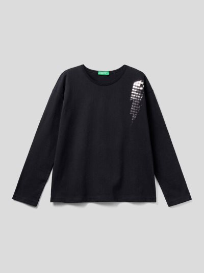 Kids' Benetton Boxy Fit Applique Long Sleeve T-shirts Black | NZ789034