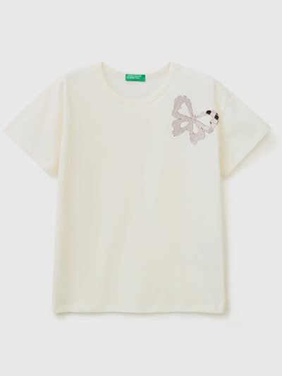 Kids' Benetton Boxy Fit Applique Short Sleeve T-shirts Creamy White | NZ465120