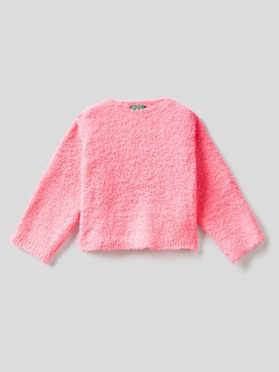 Kids' Benetton Boxy Fit Bouclé Look Sweaters Neon Pink | NZ162419