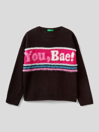 Kids' Benetton Boxy Fit Inlay Sweaters Black | NZ859327