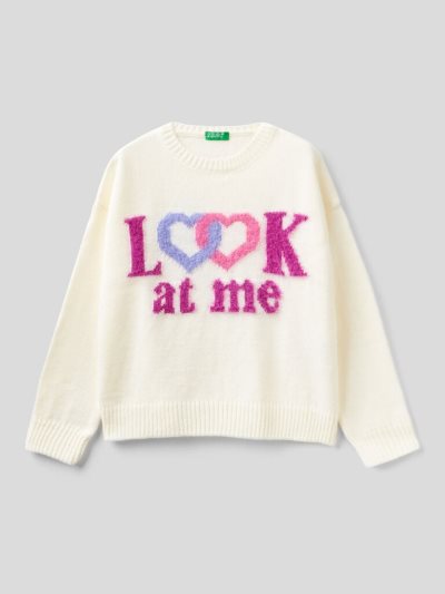 Kids' Benetton Boxy Fit Inlay Sweaters White | NZ194191