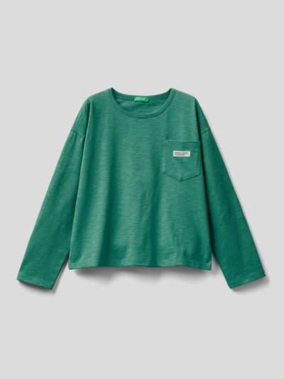 Kids' Benetton Breast Pocket Organic Cotton Long Sleeve T-shirts Green | NZ239976