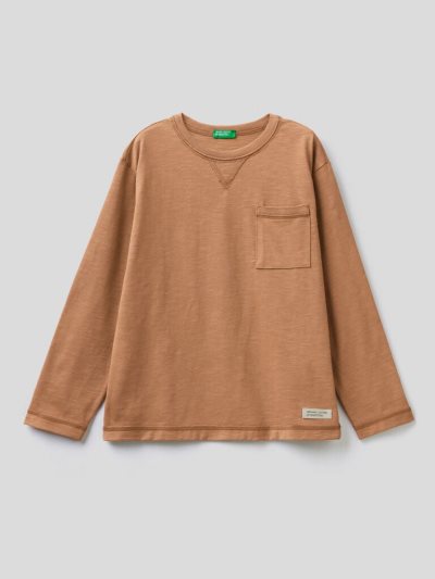 Kids' Benetton Breast Pocket Organic Cotton Long Sleeve T-shirts Beige | NZ299494