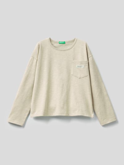 Kids' Benetton Breast Pocket Organic Cotton Long Sleeve T-shirts Creamy White | NZ317252