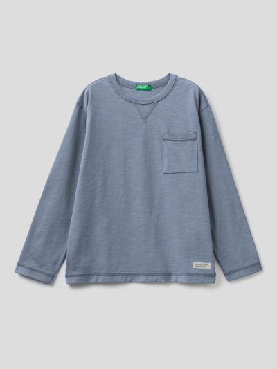 Kids' Benetton Breast Pocket Organic Cotton Long Sleeve T-shirts Air Force Blue | NZ342140