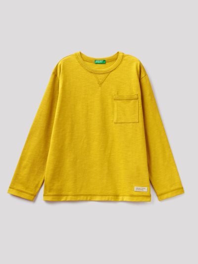Kids' Benetton Breast Pocket Organic Cotton Long Sleeve T-shirts Mustard | NZ617206