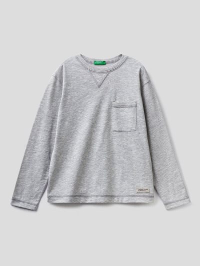 Kids' Benetton Breast Pocket Organic Cotton Long Sleeve T-shirts Grey | NZ666113