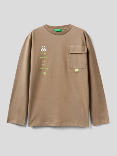 Kids' Benetton Breast Pocket Warm Cotton Long Sleeve T-shirts Beige | NZ547018