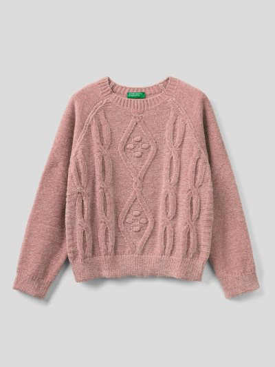 Kids' Benetton Cable Knit Chenille Sweaters Soft Pink | NZ140696