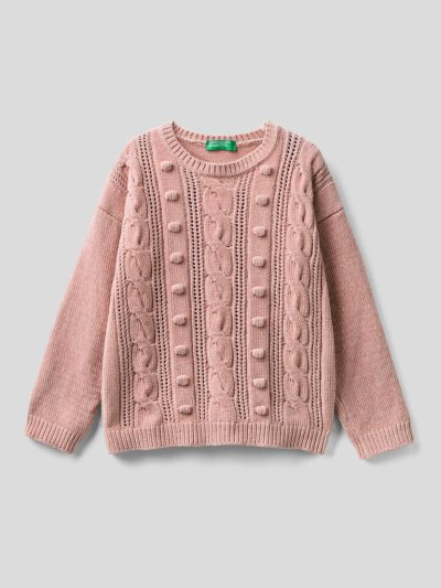 Kids' Benetton Cable Knit Chenille Sweaters Soft Pink | NZ160052