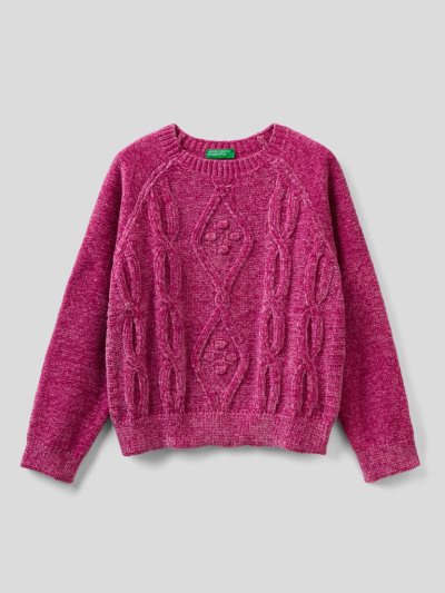 Kids' Benetton Cable Knit Chenille Sweaters Cyclamen | NZ319375
